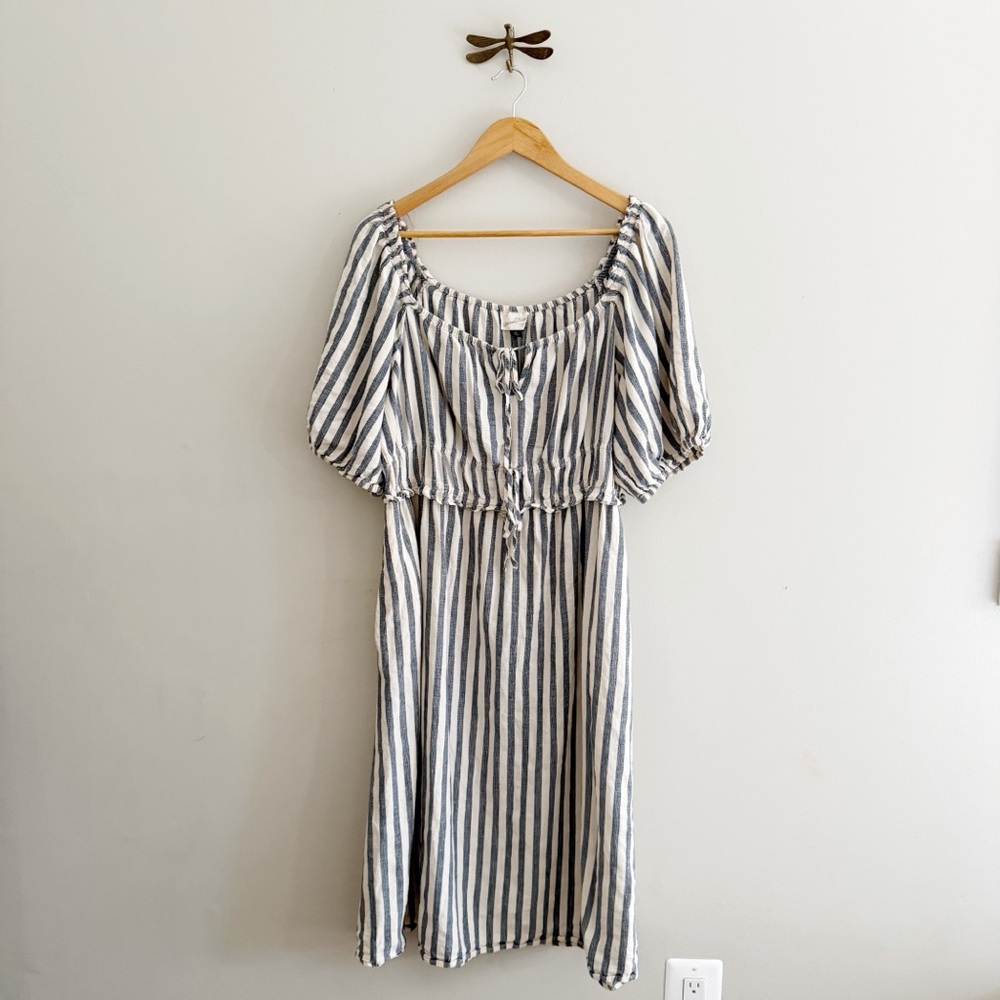 Linen Blend Puff Sleeve Summer Midi Dress